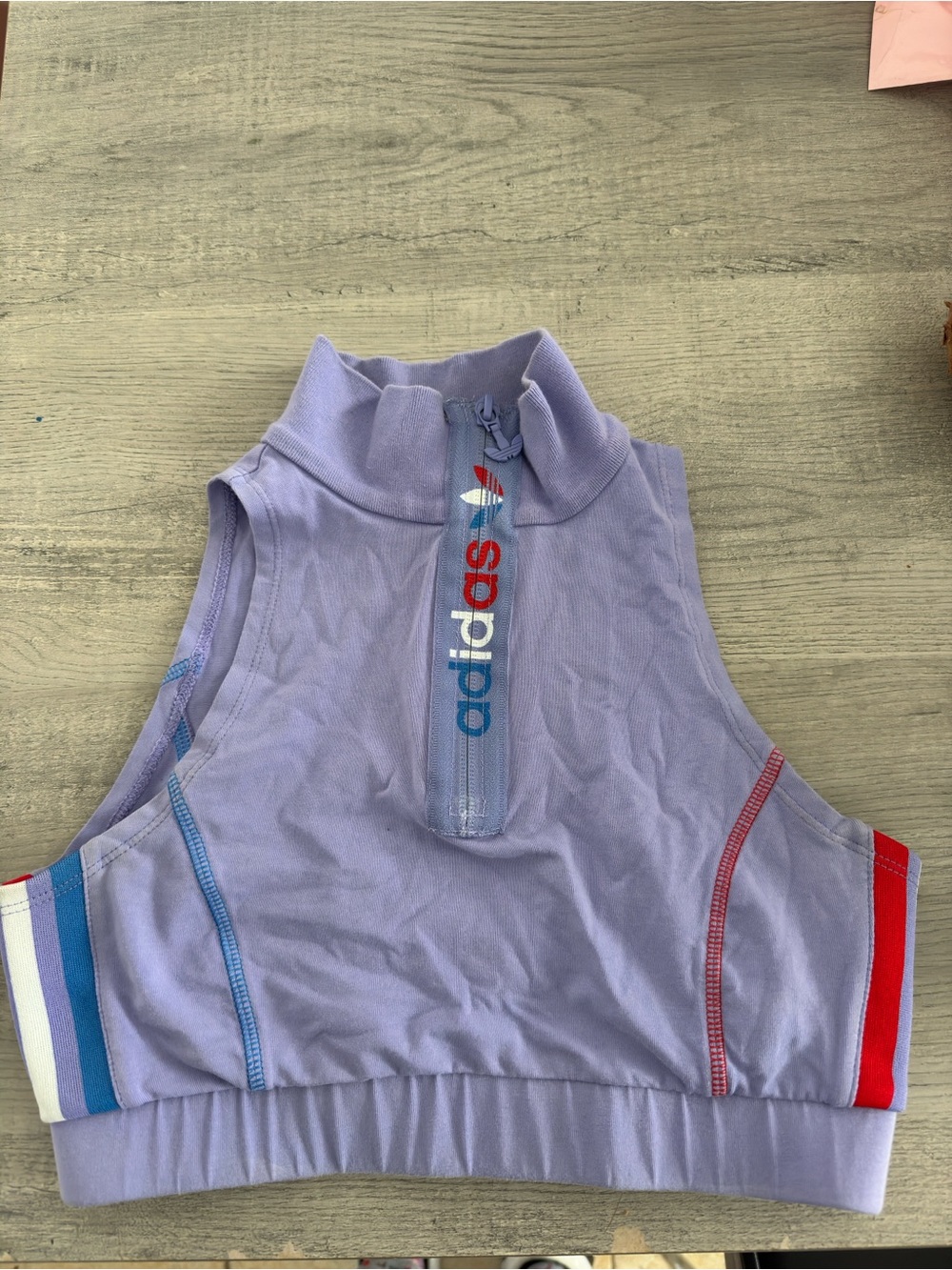 adidas Lavender Sleeveless Zip-Front Crop Top with Striped Accents